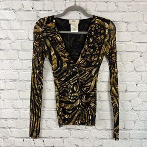 FUZZI Jean Paul Gaultier V-Neck Twisted Front Long Sleeve Micro Mesh Top Size S